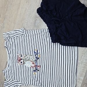 Girls 8 10 Striped Sequins Owl Outfit Summer Spring Set Top Shorts - Navy Soft